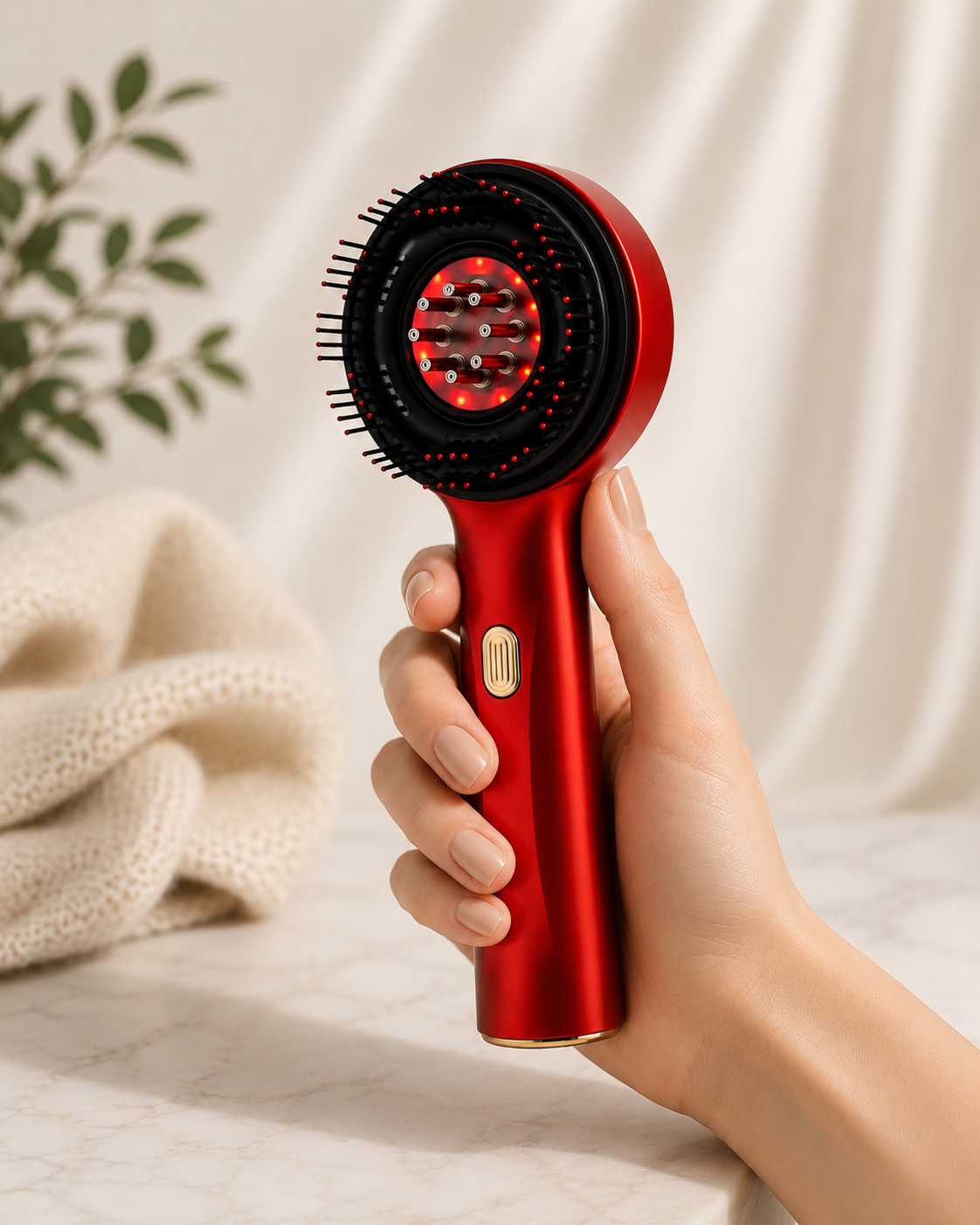 Hand holding the cherry-red Scalp Revival handheld scalp massager