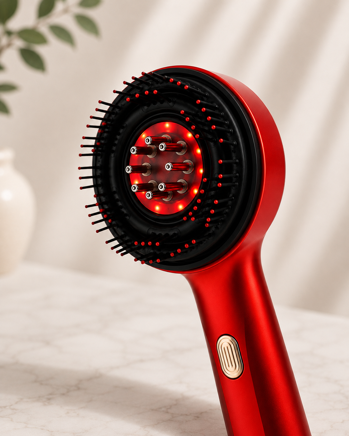 Close-up of the Scalp Revival massager head showing glowing red light therapy LEDs, massage bristles and metal nodes