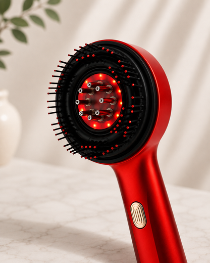 Close-up of the Scalp Revival massager head showing glowing red light therapy LEDs, massage bristles and metal nodes